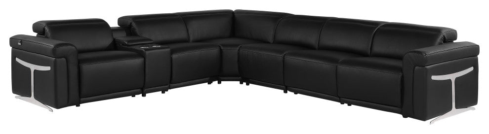 Giovanni 7-Piece 3-Power Reclining Italian Leather Sectional, Black