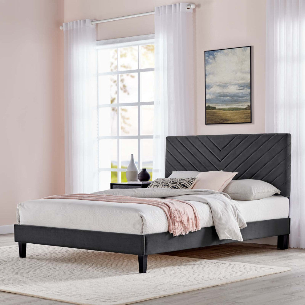 Platform Bed Frame, King Size, Charcoal Gray, Velvet, Modern, Guest Suite