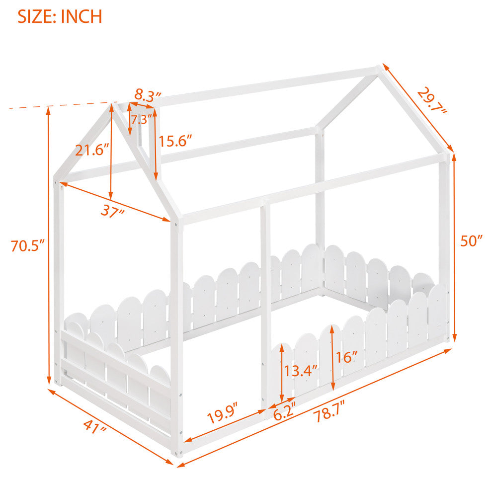 Gewnee Twin Size Wood Bed House Bed Frame with Fence, for Kids, In White