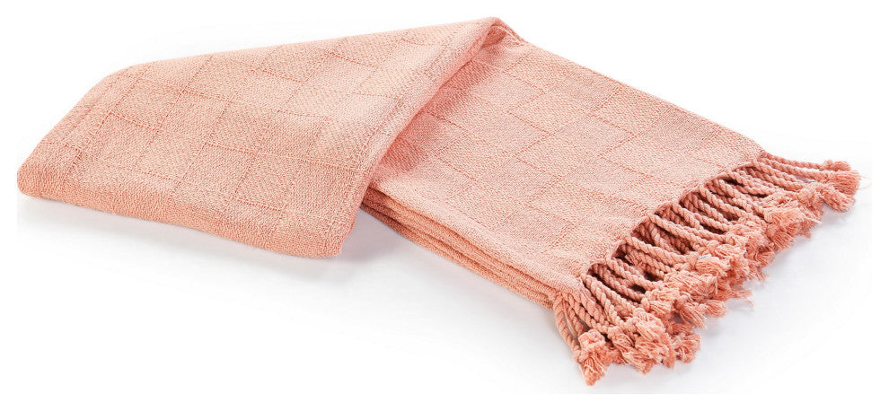 Checkered Weave Throw Blanket with Fringe, Coral Pink