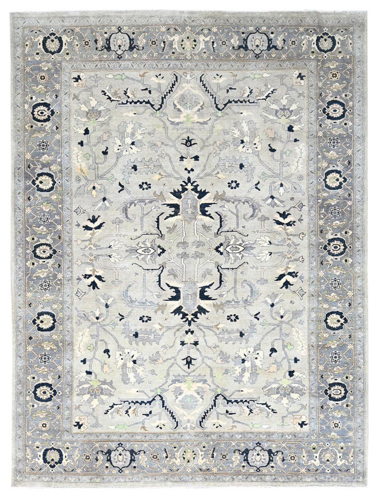 Gray Afghan Peshawar With Serapi Heriz Design Wool Hand Knotted Rug 9'x12'2"