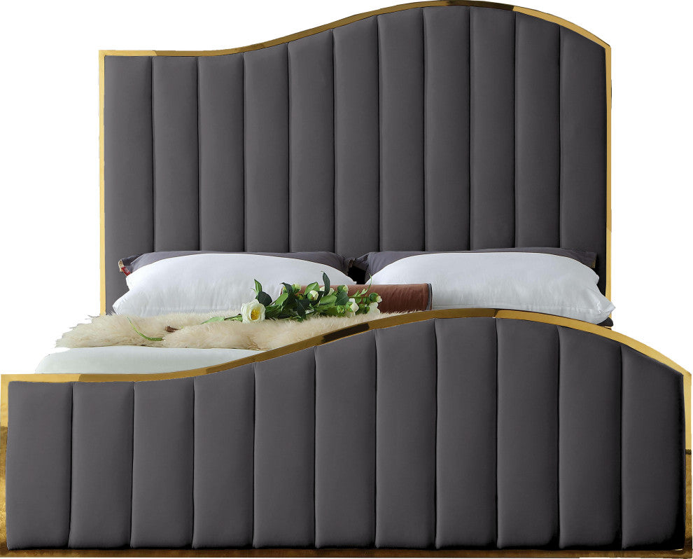 Jolie Black Velvet King Bed, Gray, Queen