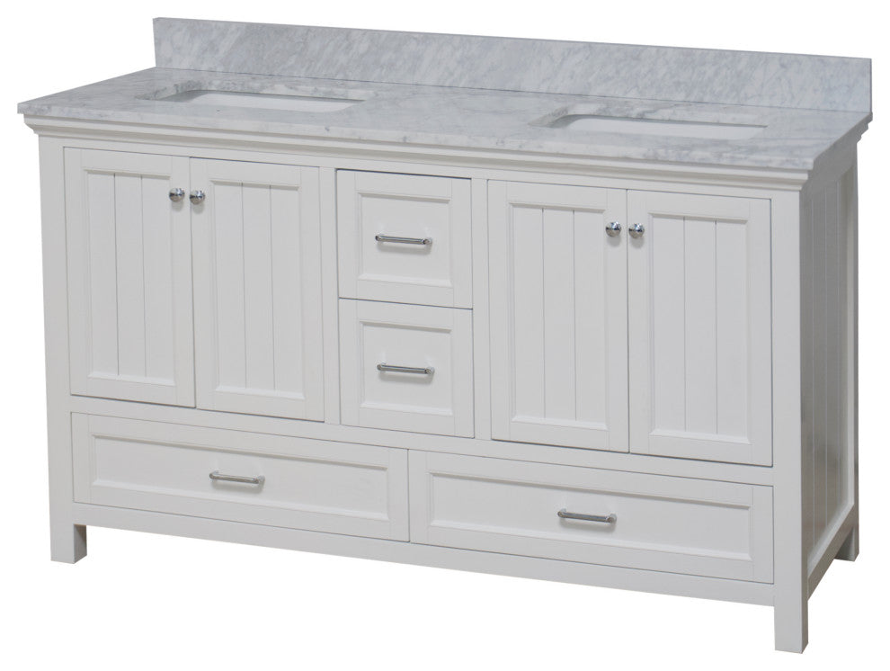 Paige 60" Bathroom Vanity, White, Carrara Marble, Double Sink