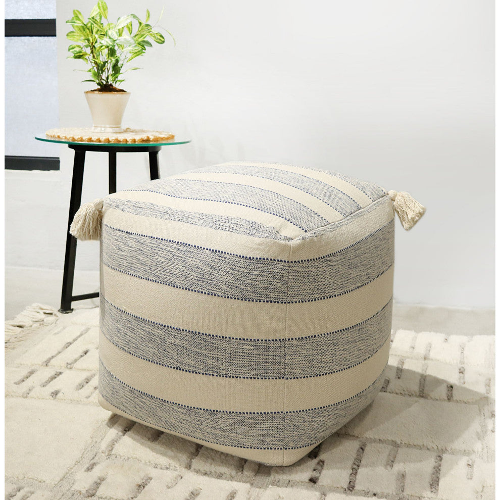White Hand-woven Parson Pouf, 18" Cube