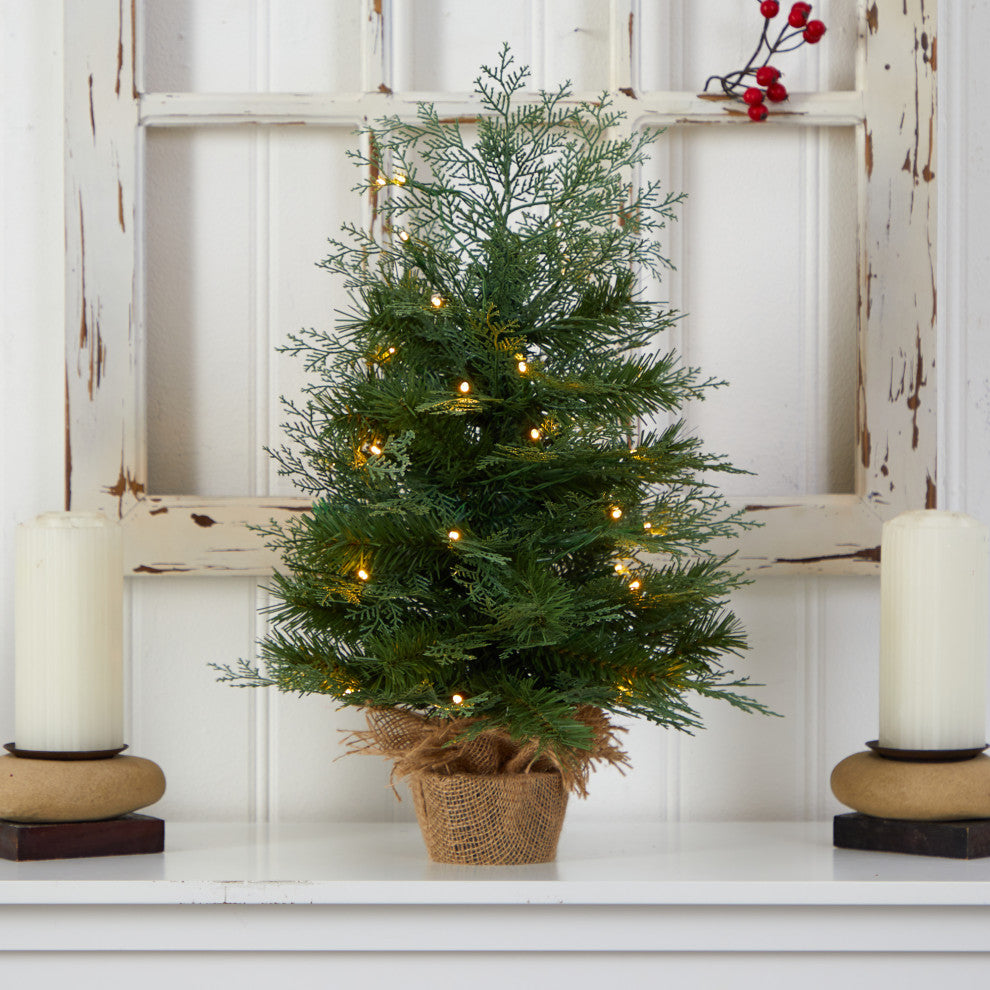 2' Artificial Christmas Tree, Burlap Base With 35 Warm White LED Lights