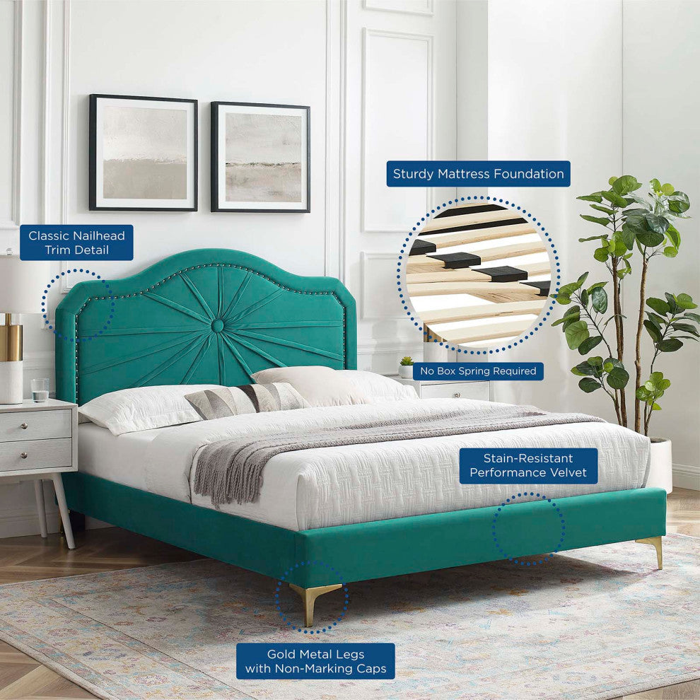 Platform Bed Frame, Twin Size, Velvet, Teal Blue, Modern Contemporary, Bedroom