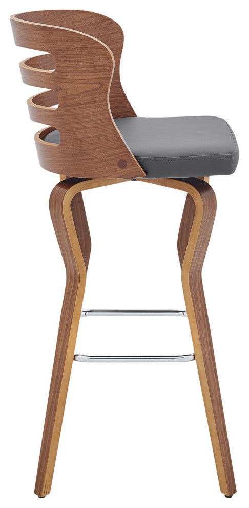 Benzara BM246060 Verne 30" Swivel Gray Faux Leather and Walnut Wood Bar Stool