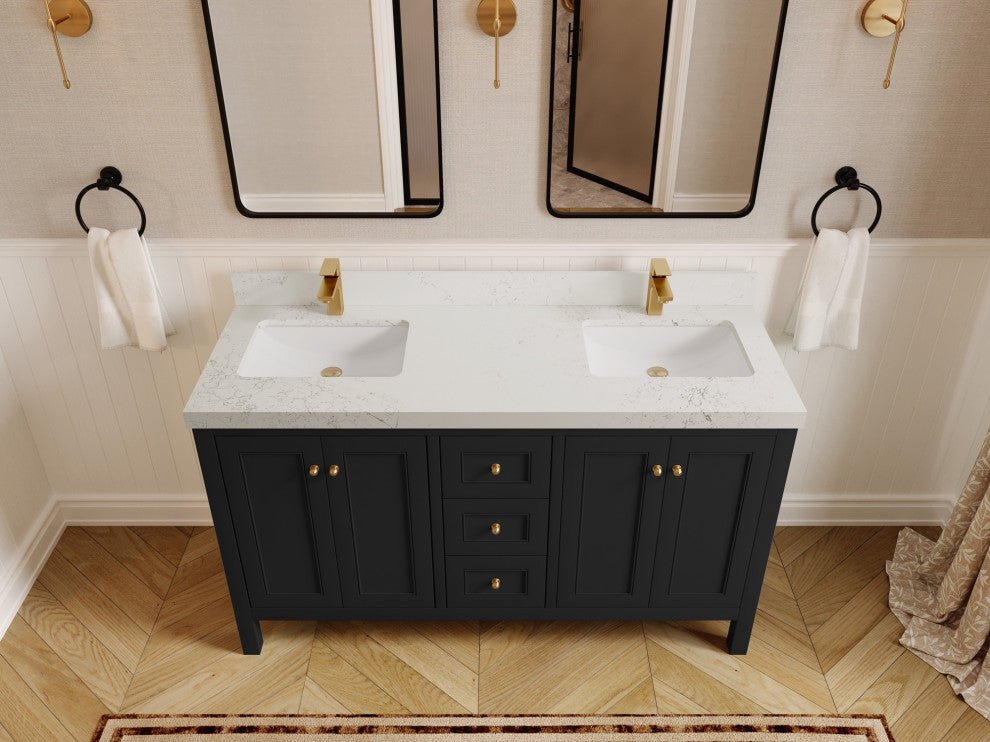 Nashville 60" Double Bathroom Vanity, Black 2" Empira Quartz