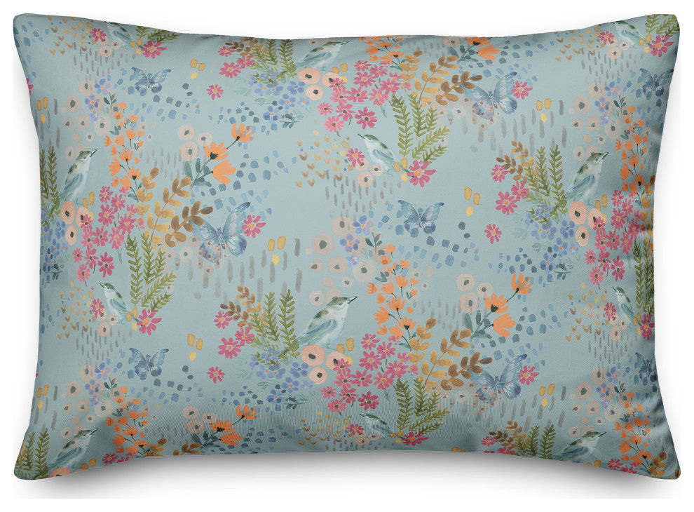 Butterfly Bird Floral on Blue 20x14 Spun Poly Pillow