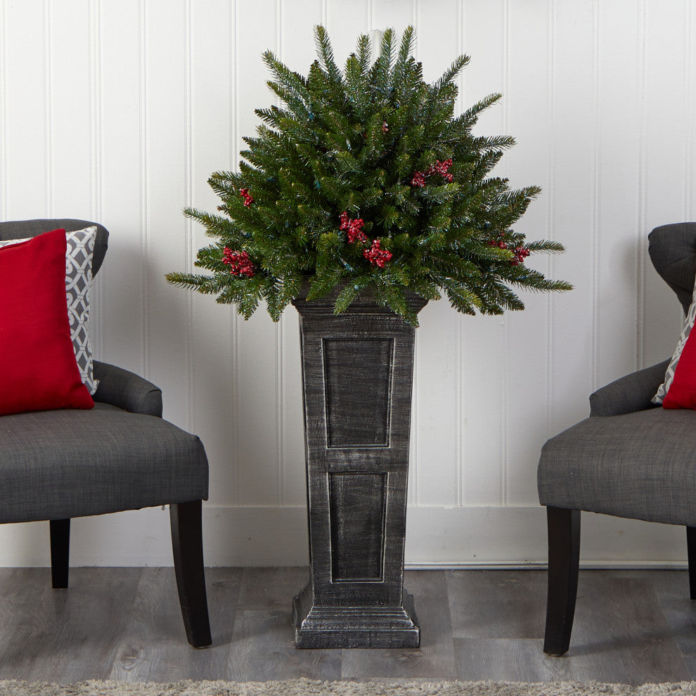 4' Holiday Faux Xmas Plant Pre-Lit &Glittered on Pedestal W/ Multicolor Lights