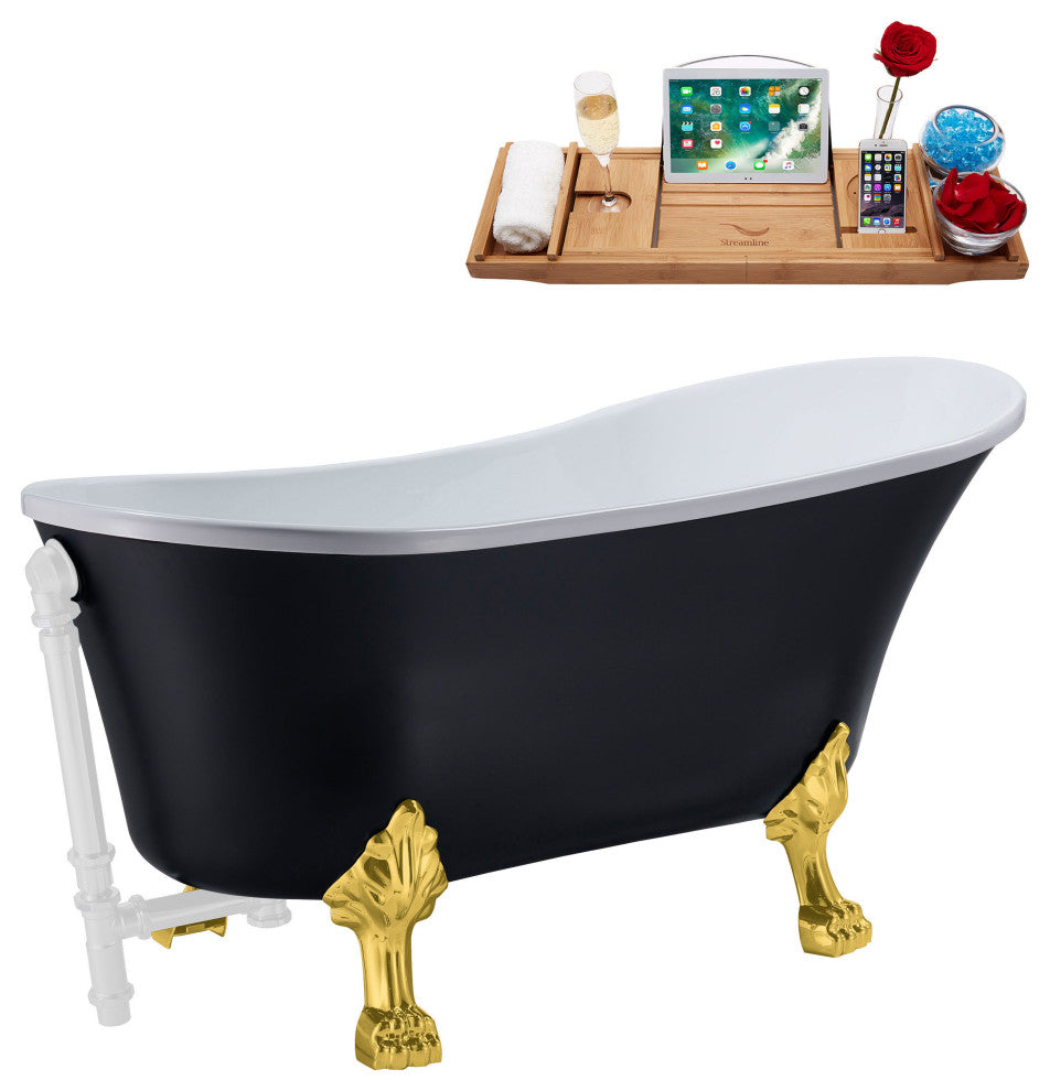 63" Streamline N353GLD-WH Soaking Clawfoot Tub and Tray With External Drain