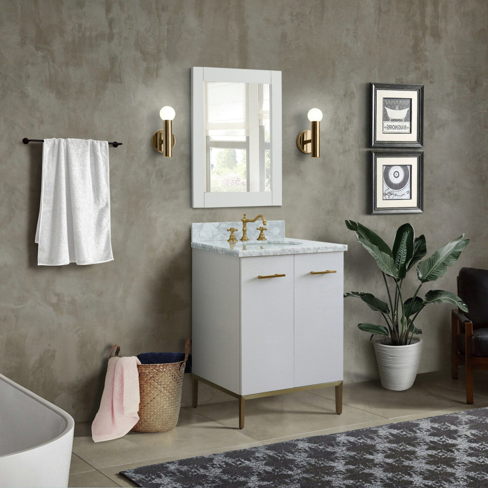 25" Single Sink Vanity, White Finish With White Carrara Marble And Oval Sink
