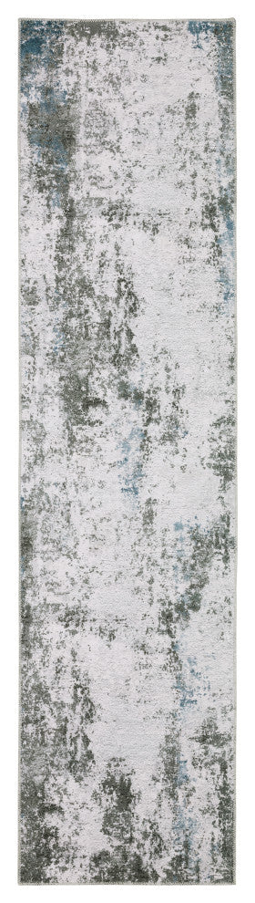 Michaela Machine Washable Marbled Grey/ Blue Indoor Area Rug, Grey, 2'x8'