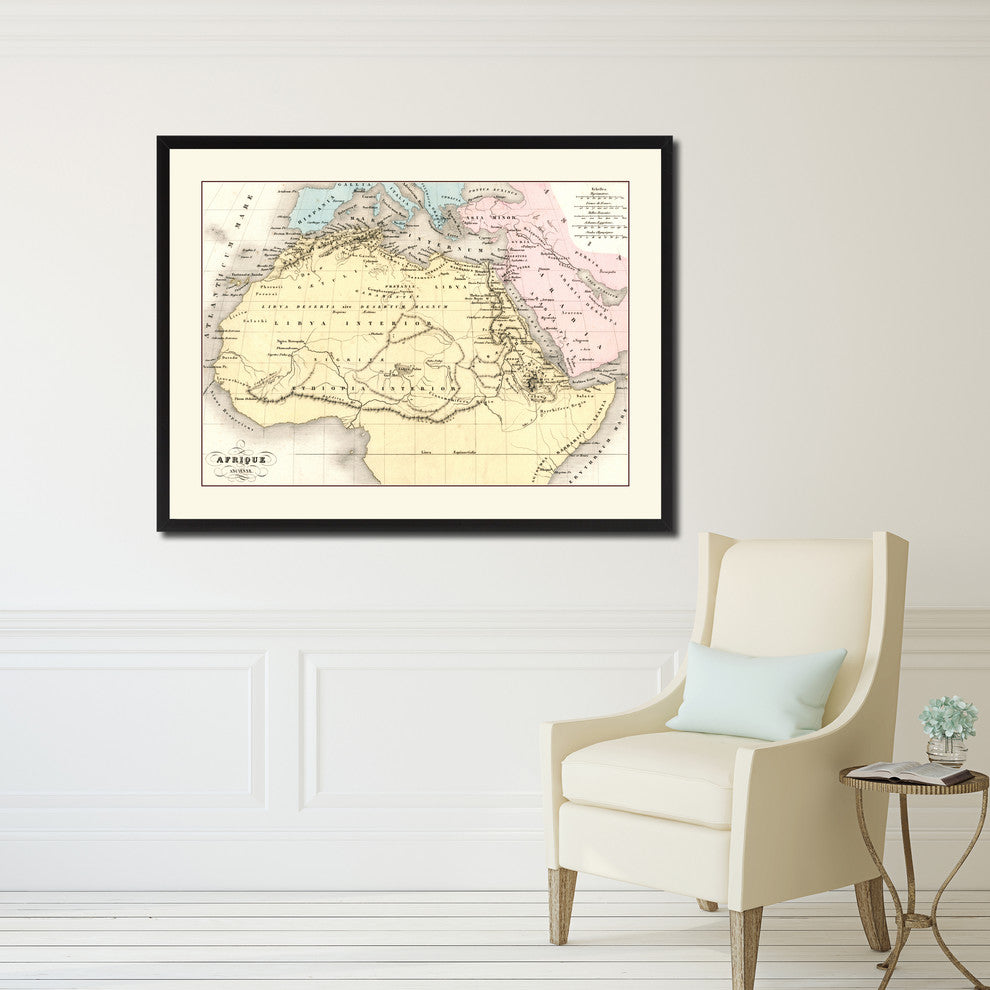 Ancient Africa Map Print On Canvas With Black Frame, 28" X 37"