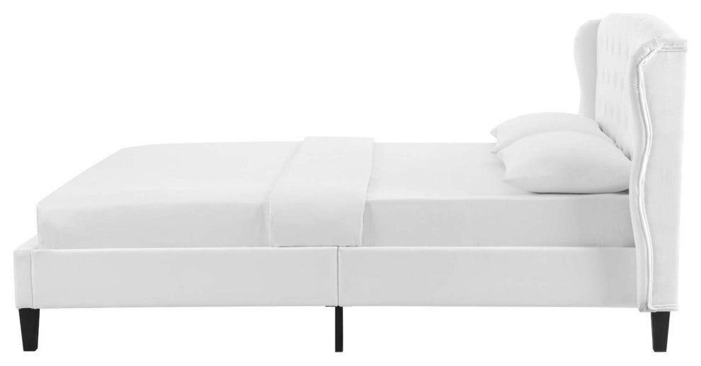 Tufted Platform Bed Frame, Queen Size, Velvet, White, Modern Contemporary
