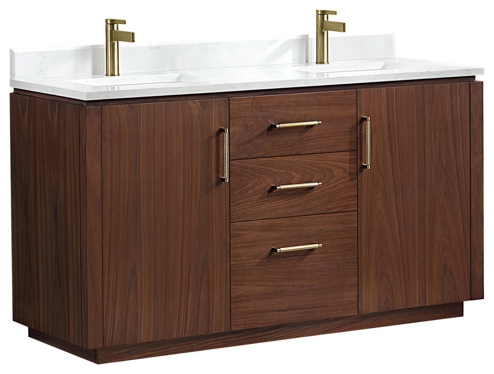 San Bath Vanity with Stone Top, Natural Walnut, 60" Double Sink, Double Vanity, No Mirror