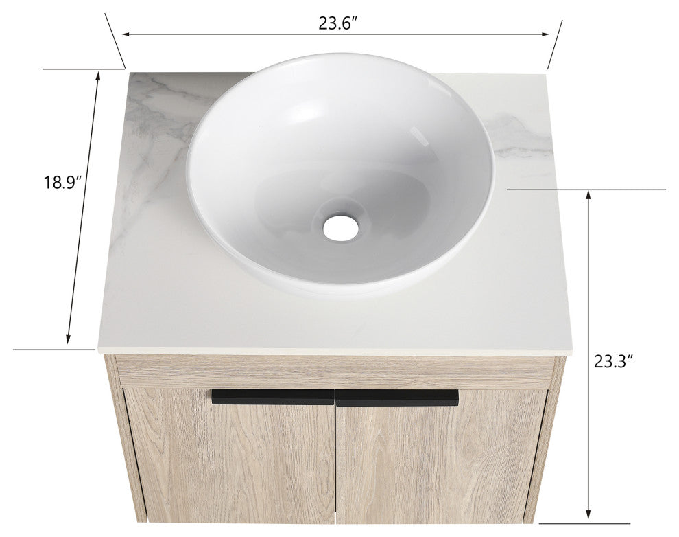 Wall-Mounted Bath Vanity, White Oak, White Ceramic Vessel Sink