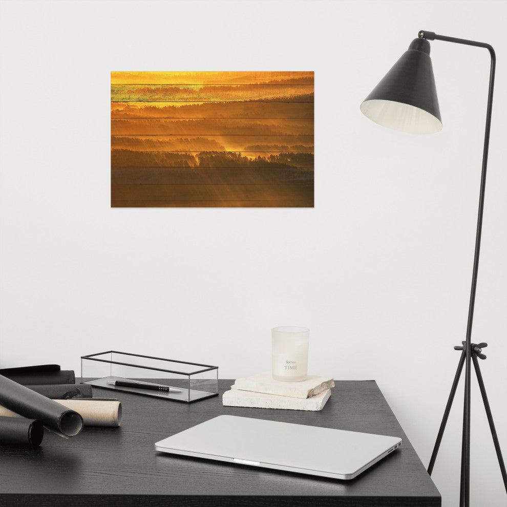 Faux Wood Golden Mist Valley - Hills & Mountain Range Wall Art Prints, 12" X 18"