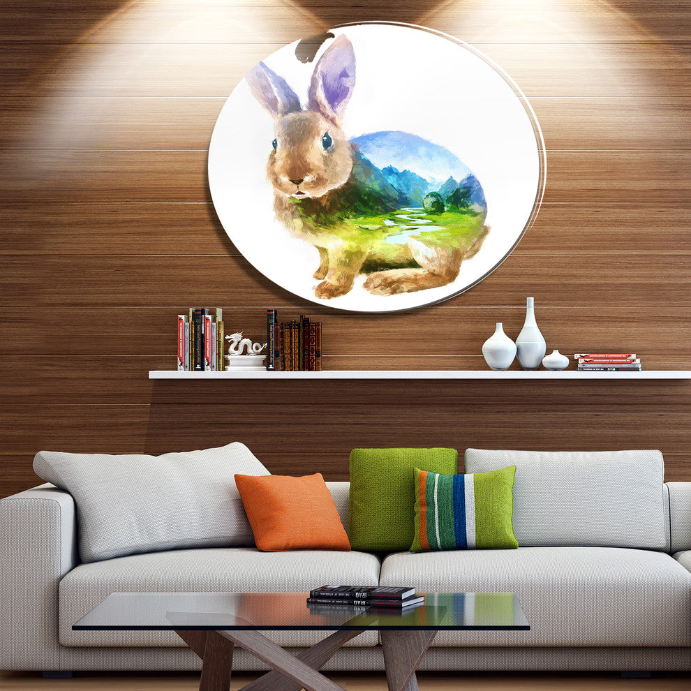 Rabbit Double Exposure Illustration, Animal Disc Metal Artwork, 11"
