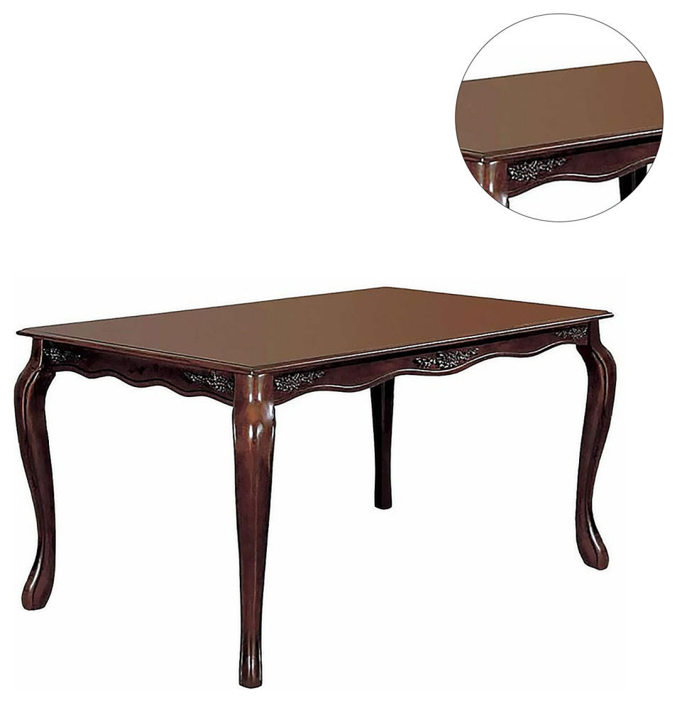 Wooden Dining Table With Floral Accents, Dark Walnut