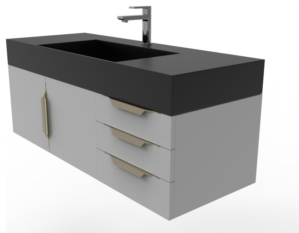 CastelloUSA Amazon 48" Wall Mounted Vanity Set, Gray, Black Top, Gold Handles
