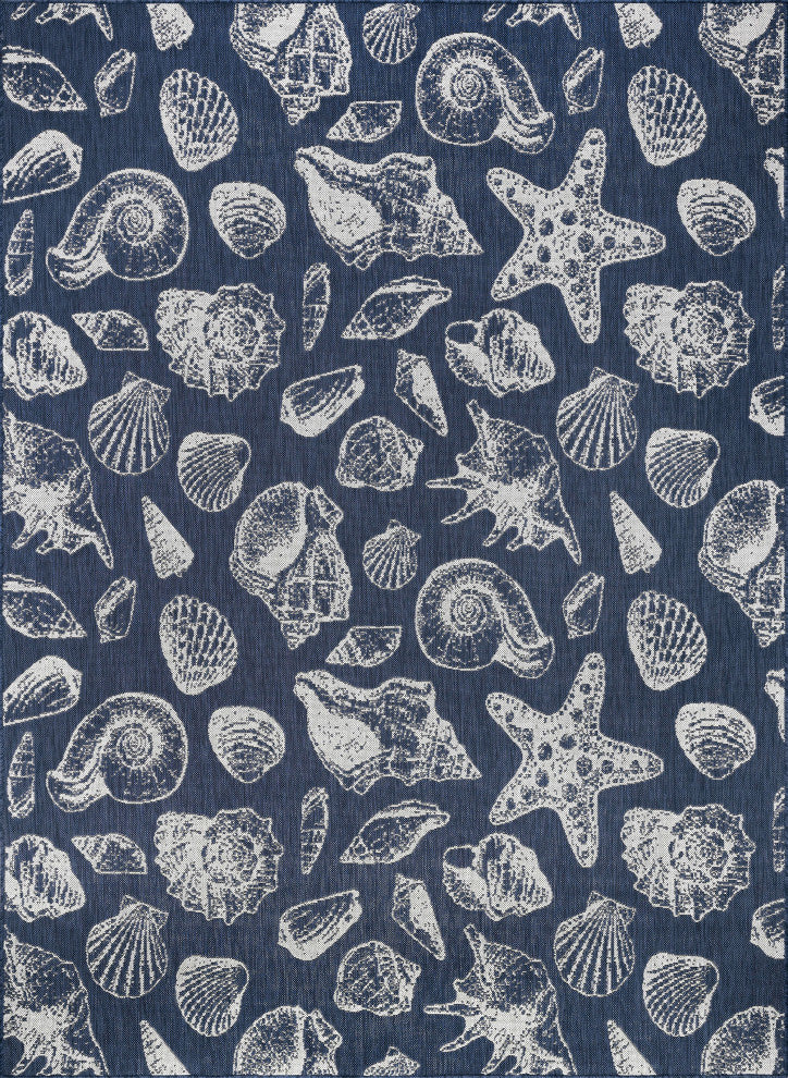 Sanibel Novelty Coastal Navy/Cream Rectangle Indoor/Outdoor Area Rug, 5'x7'