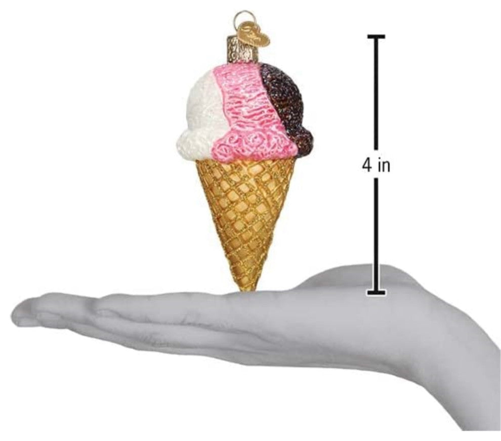 Old World Christmas Glass Blown Christmas Ornament, Neapolitan Ice Cream Cone