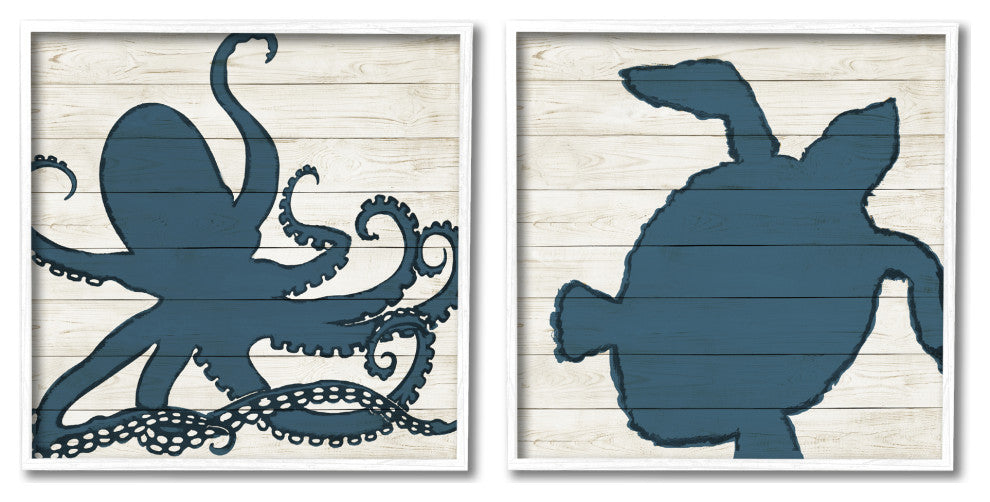 Nautical Blue Silhouette Octopus Sea Turtle Aquatic Animals,17 x 17