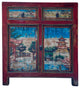Chinese Distressed Red Blue Old Scenery Graphic Credenza Cabinet Hcs7393