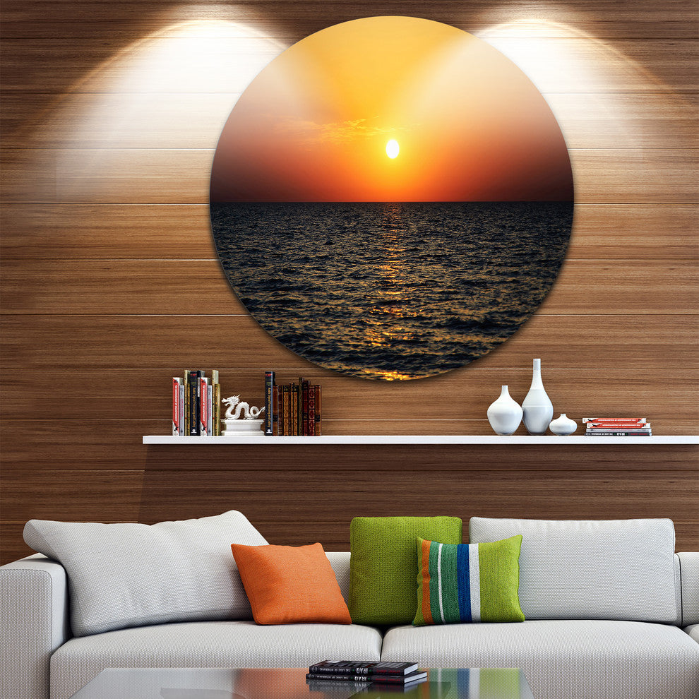 Sunset Panorama Under Sea Surface, Modern Seashore Round Wall Art, 11"