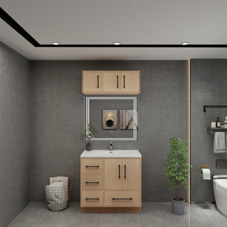 Victoria 36" Solid Wood Bath Vanity, Overhead Cabinet, Yellow Oak