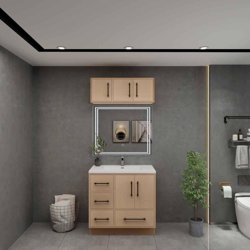 Victoria 36" Solid Wood Bath Vanity, Overhead Cabinet, Yellow Oak