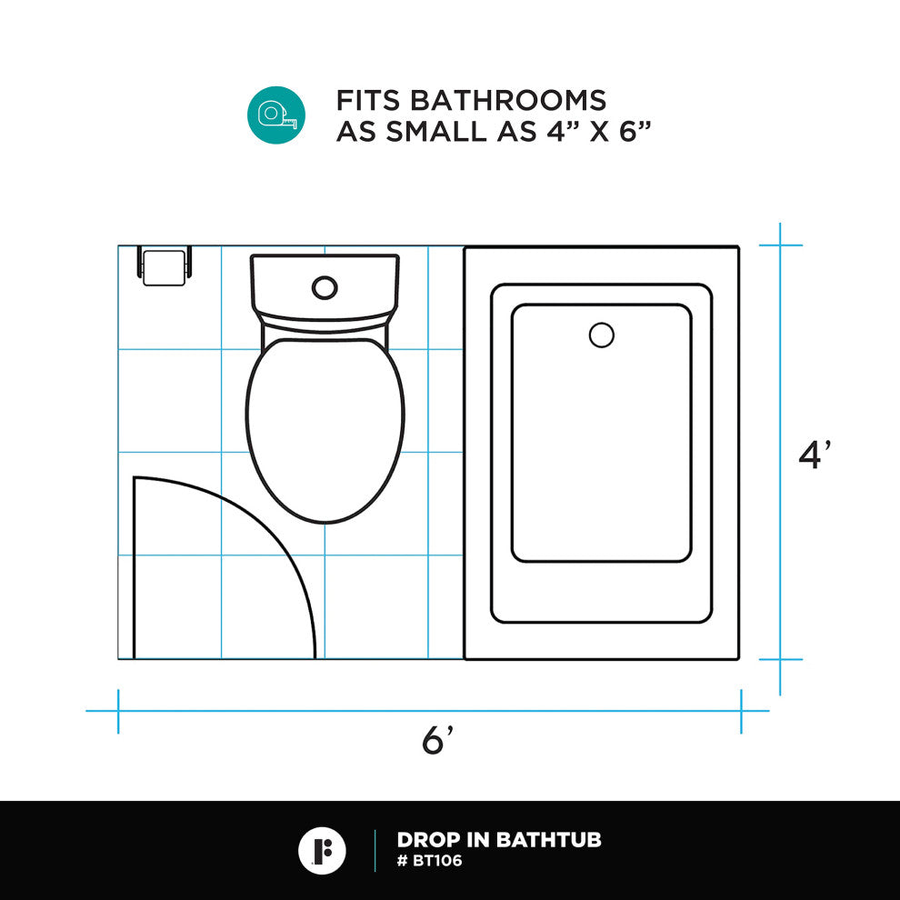 Drop-In White Soaking Bathtub, Fiberglass Acrylic, 48"l X 32"w X 19"h