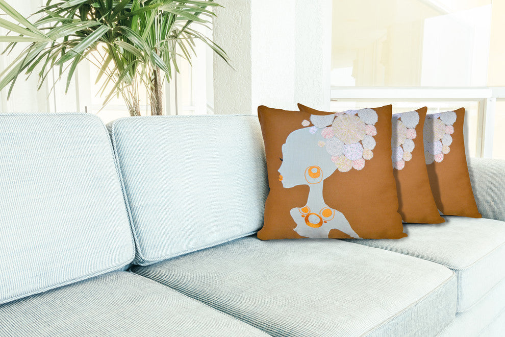 Brown Blue Lady Patchwork Cotton Throw Pillow