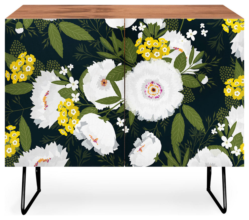 Deny Designs Fleurette Night Credenza, Walnut, Black Steel legs