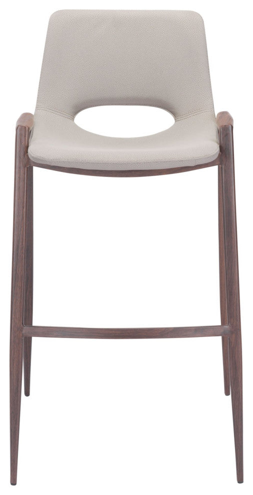 Bar Stool Chair Barstool, Set of 2, Faux Vinyl Leather, Steel, Beige, Walnut
