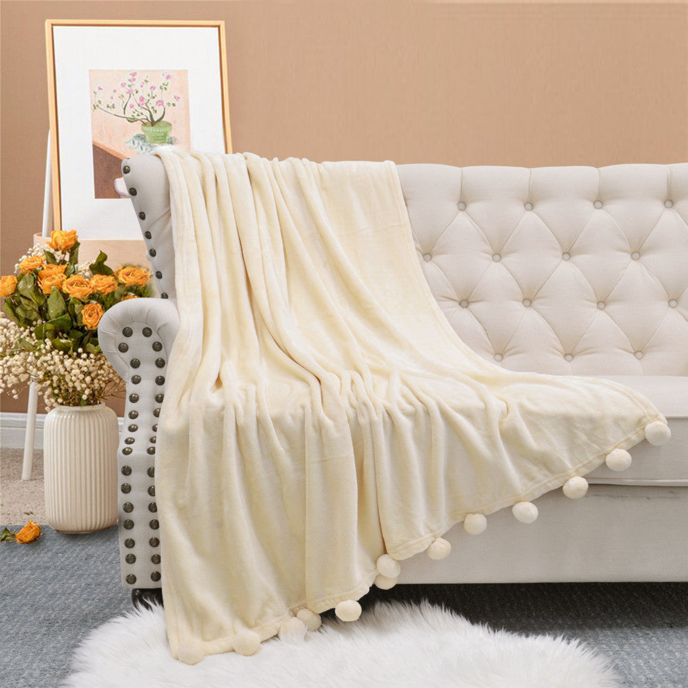 Pom Pom Flannel Fleece Throw Blanket, Antique White, 50" X 60"