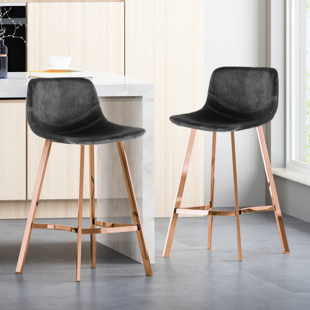 GDF Studio Rex Faux Snake Leather Brown Bar Stools, Set of 2, Black/Rose Gold