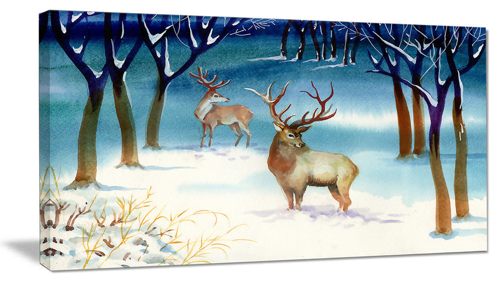 "Amazing Winter Forest With Deer" Landscape Wall Art, 1 Panel, 60"x28"