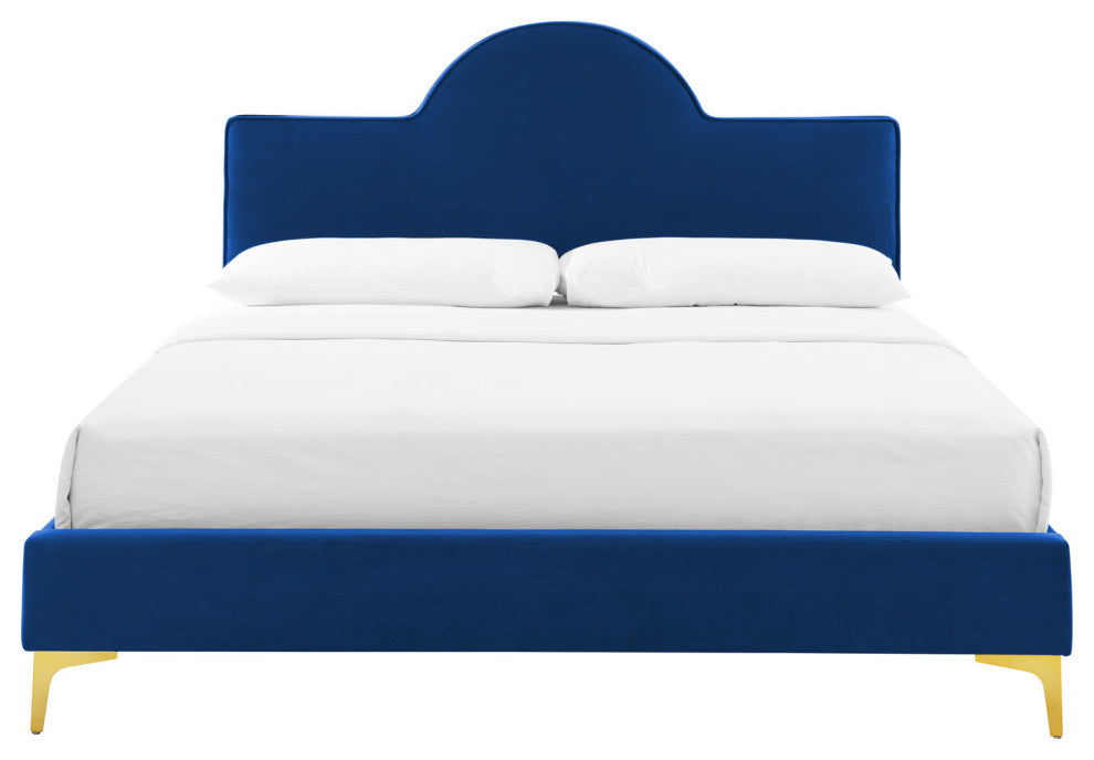 Platform Bed Frame, King Size, Blue Navy, Velvet, Modern, Bedroom Guest Suite