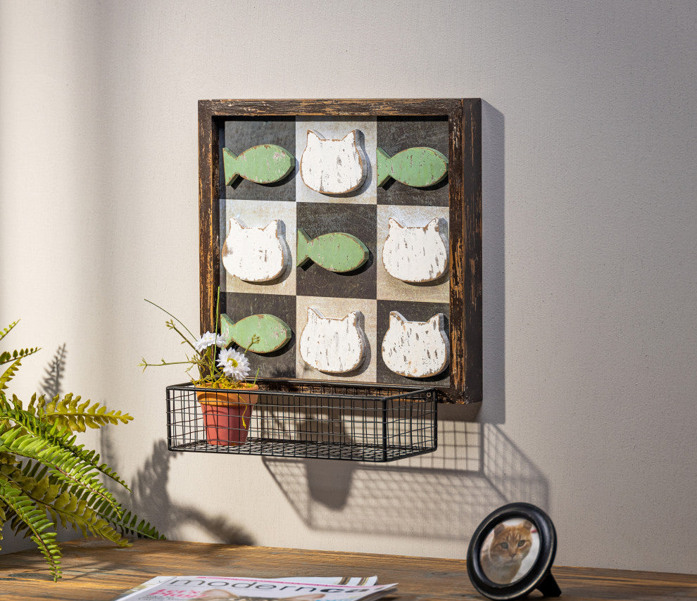 13.38" Wooden Wall Hanging Cat Themed Tic-Tac-Toe Board, Metal Basket