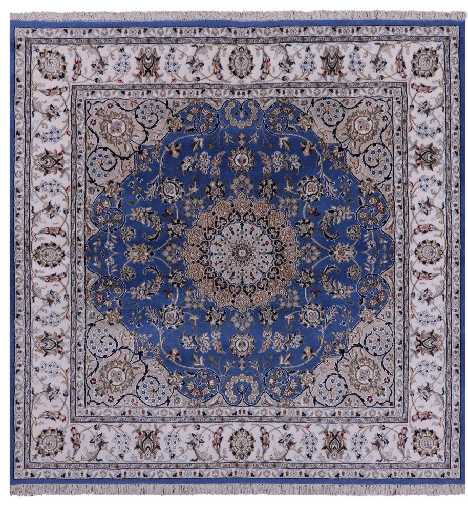 6' Square Wool and Silk Persian Nain Hand Knotted Rug Q11655