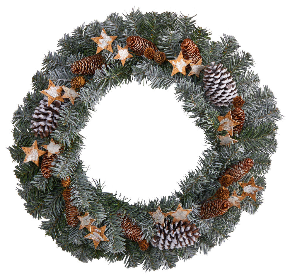 W1260 24 Christmas Winter Frosted Stars and Pinecones Holiday Wreath