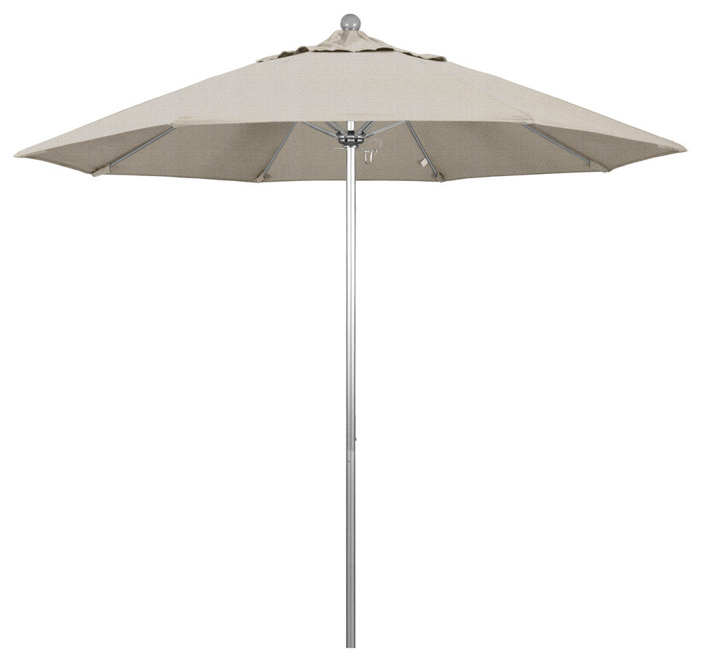 9' Silver Anodized Push Lift Fiberglass Rib Aluminum Umbrella, Olefin, Woven Gra