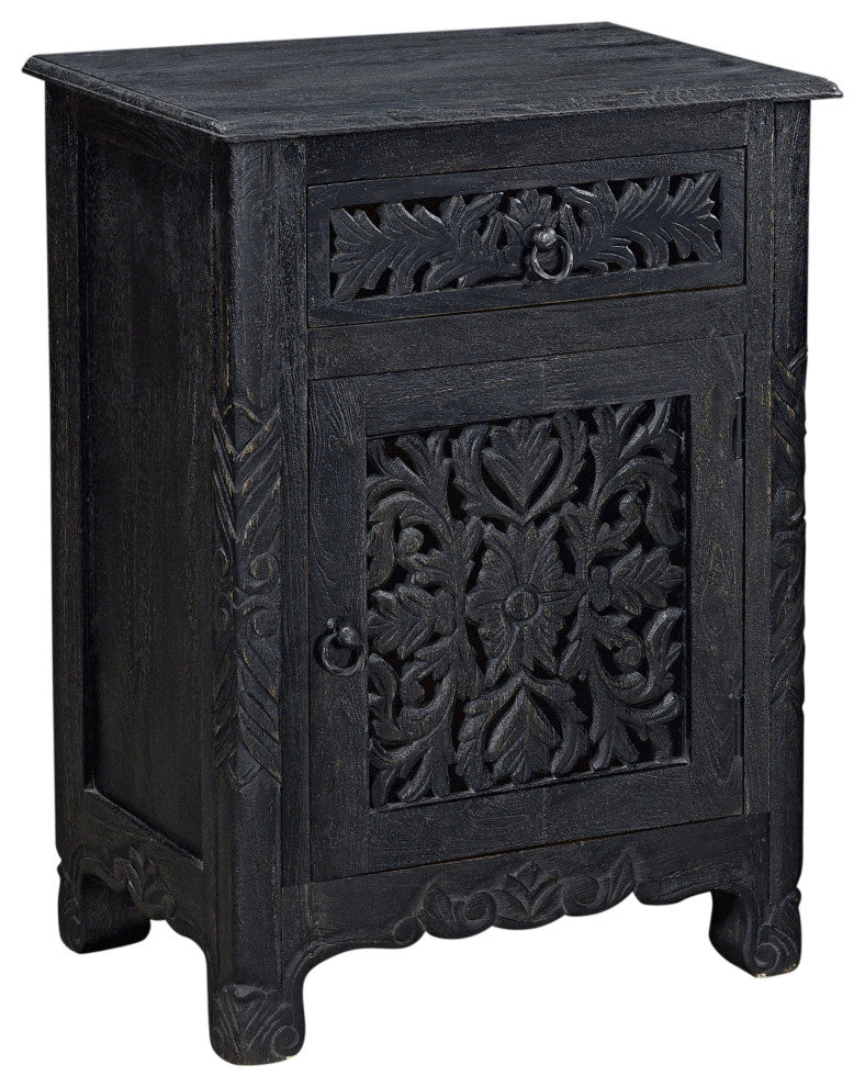 Delaney Carved 1 Door Nightstand, Distressed Black, Right