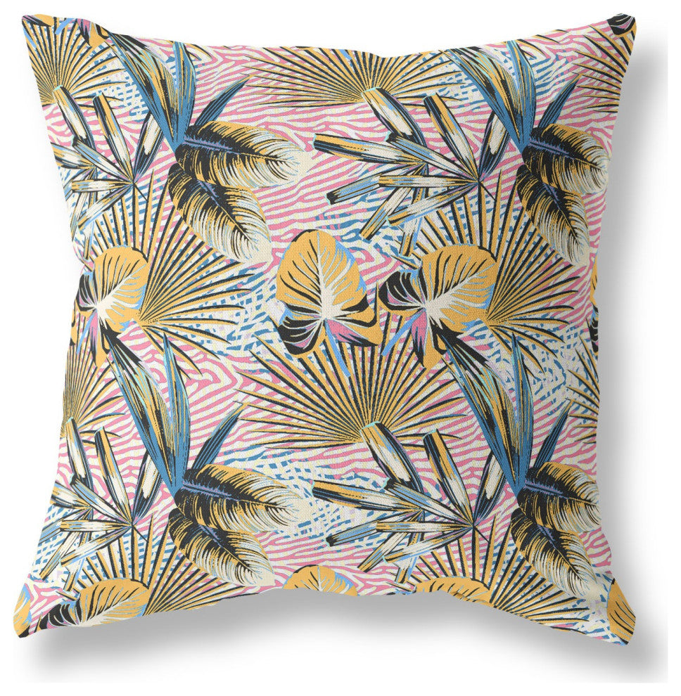 16" Gold Pink Tropical Indoor Outdoor Throw Pillow