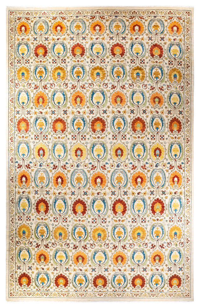 Suzani, One-of-a-Kind Hand-Knotted Area Rug Ivory, 12' 1" x 18' 8"
