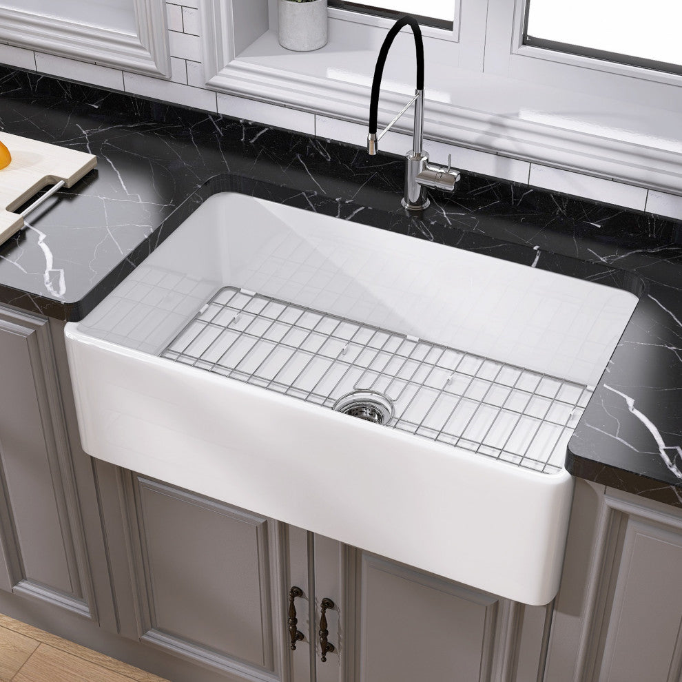 36"L x 20"W  White Single Bowl Fireclay Farmhouse Kitchen Sink With Accessories