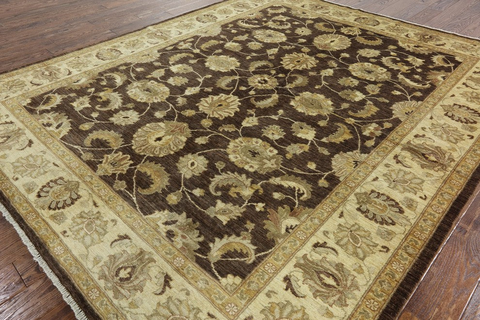 Handmade Peshawar Chobi Floral Brown Hand-Knotted Oriental Wool Rug, 8'x10'