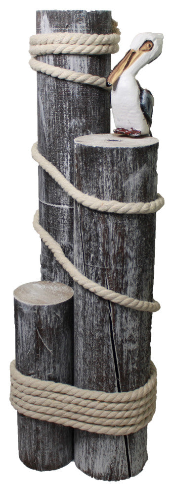 Set of Three Wood Pilings With Pelican and Fisherman's Rope